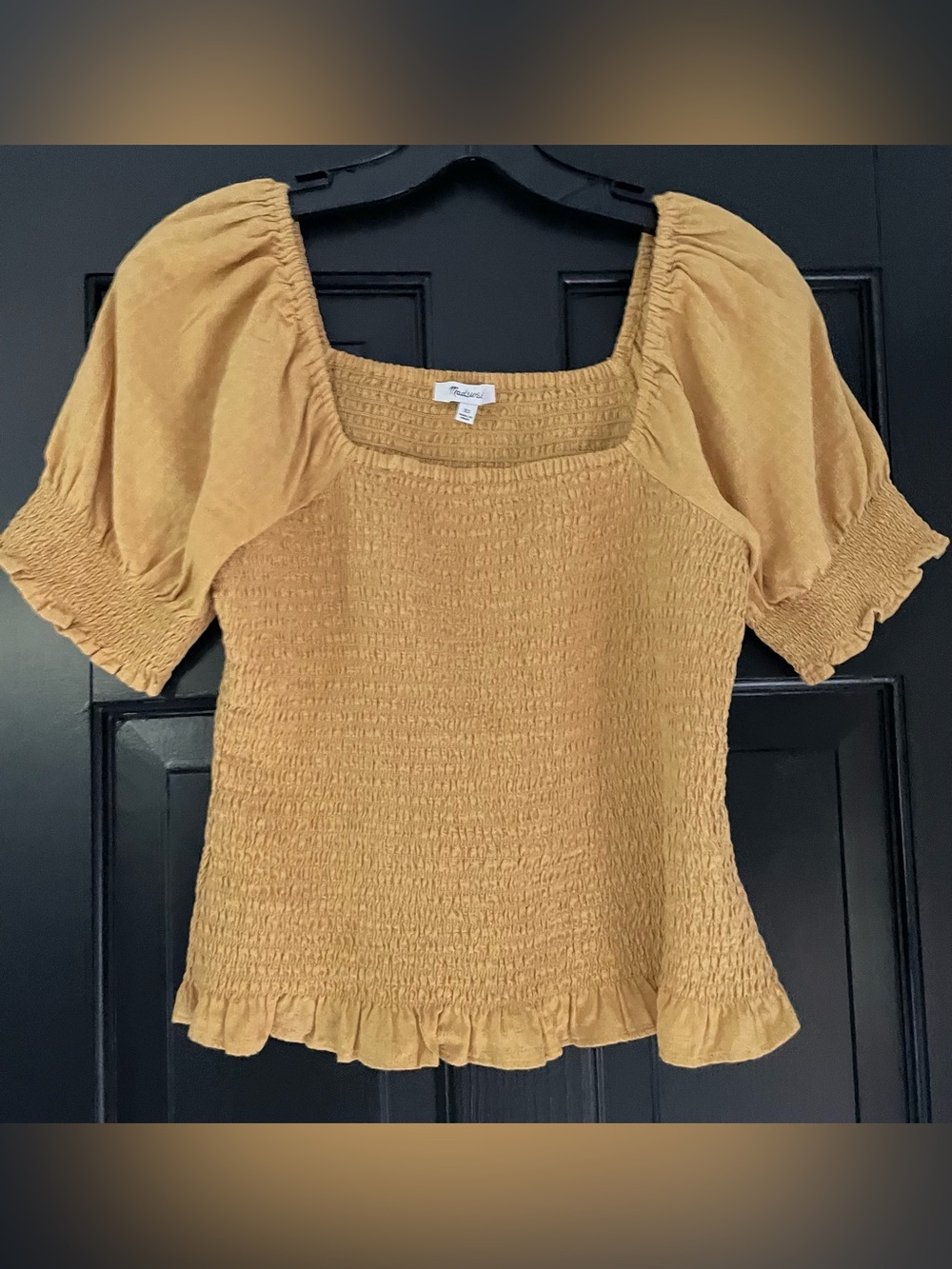 Madewell Lucie Puff-Sleeve Smocked Bodice Top Mustard Yellow XS